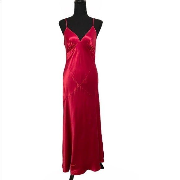 Vintage 90s 100% Silk Slip Dress Crimson Red High Slit Silk Dress Backless Bella - Picture 10 of 16